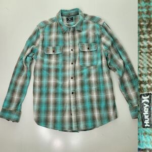 XL HURLEY COTTON FLANNEL GREEN BLUE CORTEZ LONG SLEEVE FIELD SHIRT EXTRA LARGE